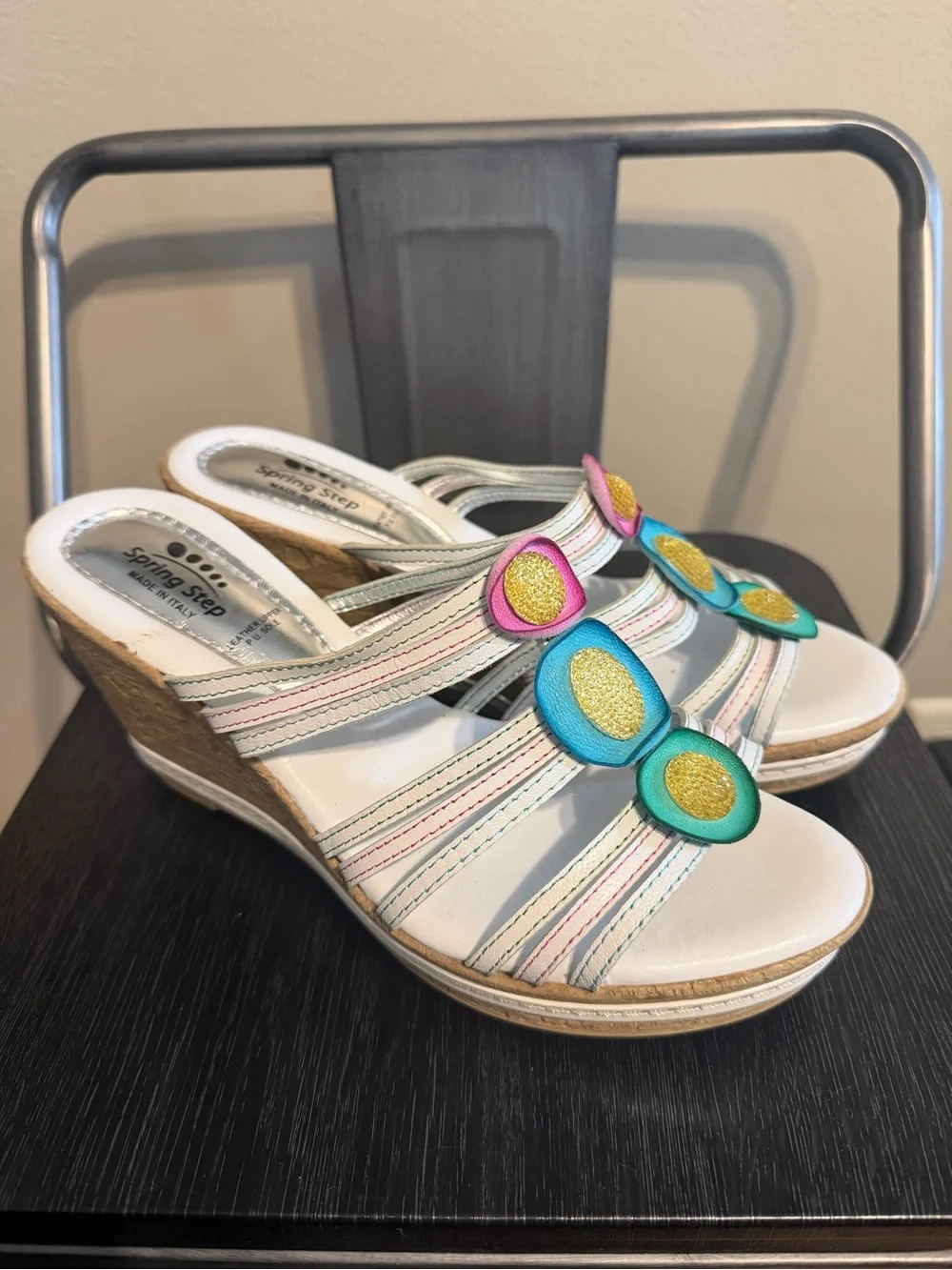Spring Step Italy Leather Floral Wedge Slide Sandals EU 39. 8.5
